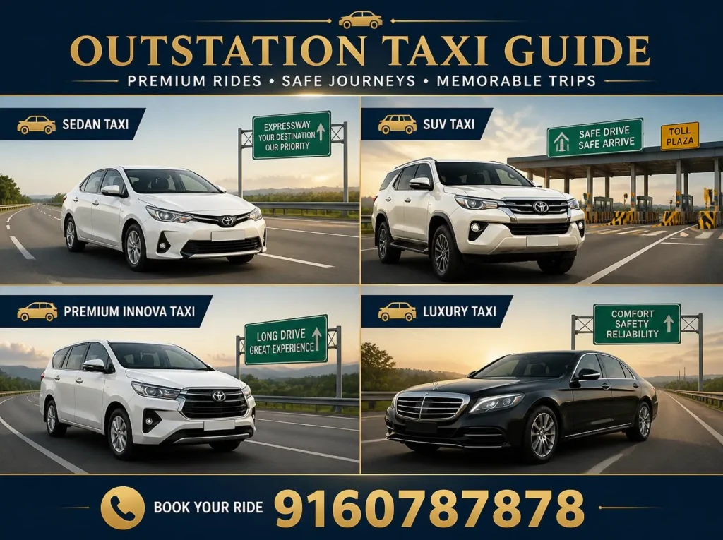 Outstation taxi driving on open highway with scenic landscape