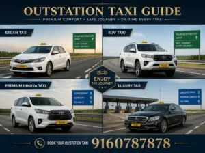 Family sitting in outstation taxi with bags during long-distance road trip