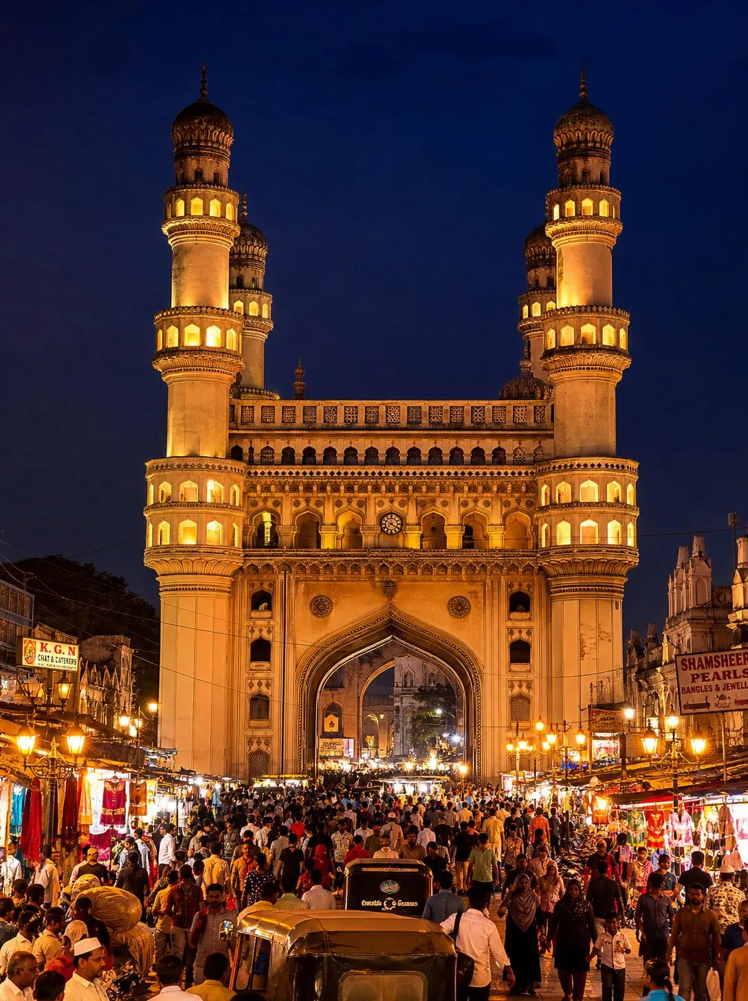 Illuminated Charminar monument at night during a 3-day Hyderabad family itinerary tour.