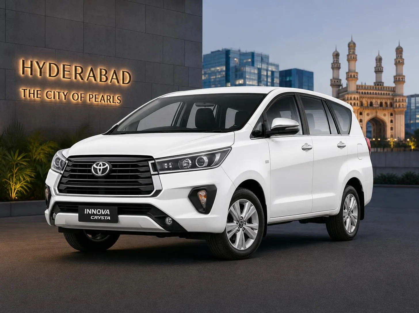 Spacious Innova Crysta rental car parked near a scenic landmark during a 3-day Hyderabad sightseeing trip.