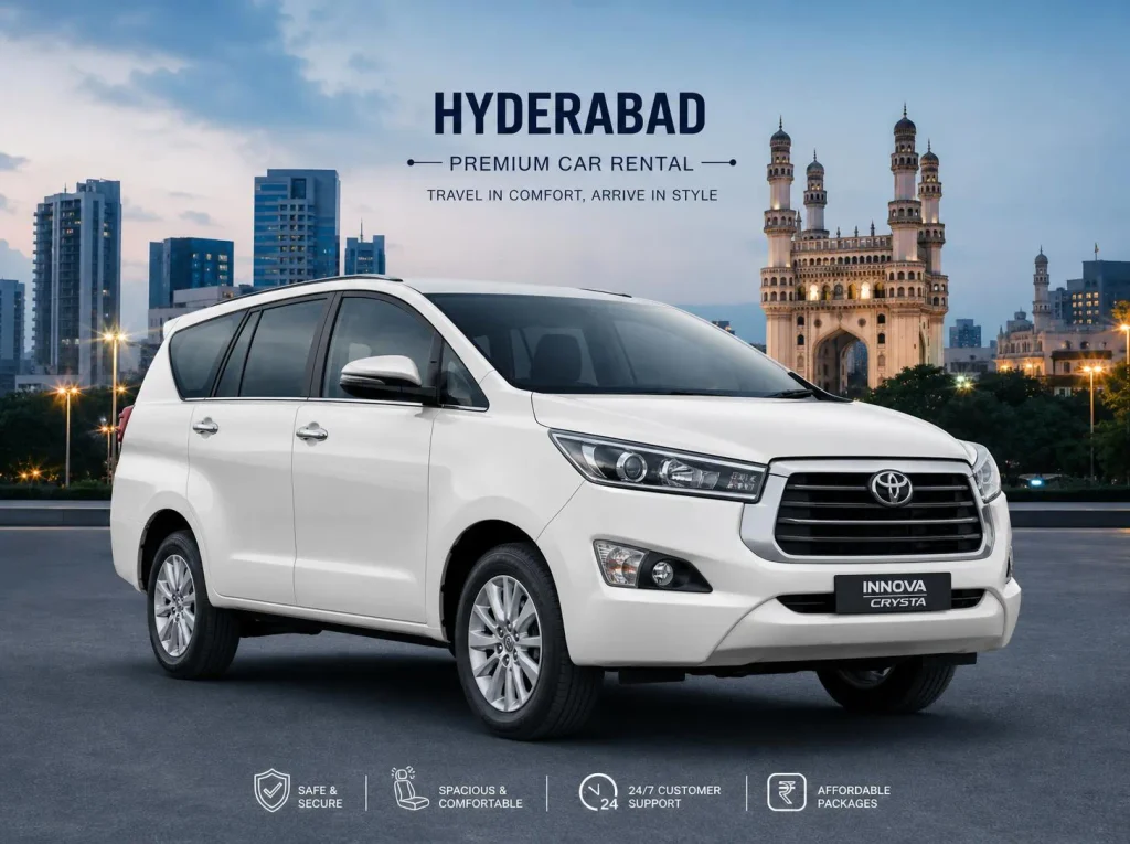 Clean and comfortable Innova Crysta cab booked through Hyderabad Car Rental for outstation and local trips.