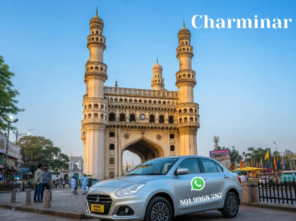 Historic Charminar monument in Hyderabad during early morning light for sightseeing tours